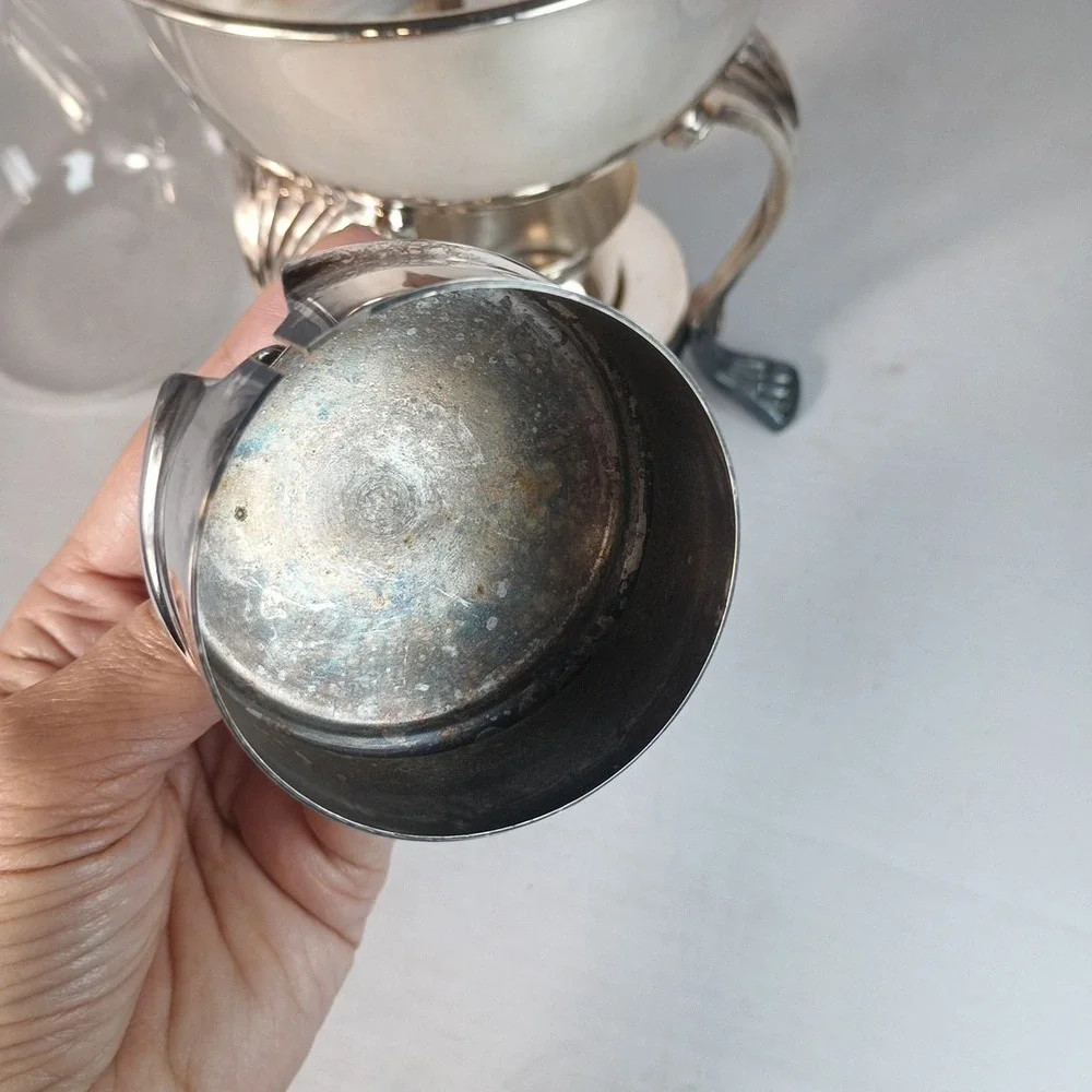 Vtg MCM Style Silver Plated & Glass Coffee Tea Carafe with Footed Warmer Stand